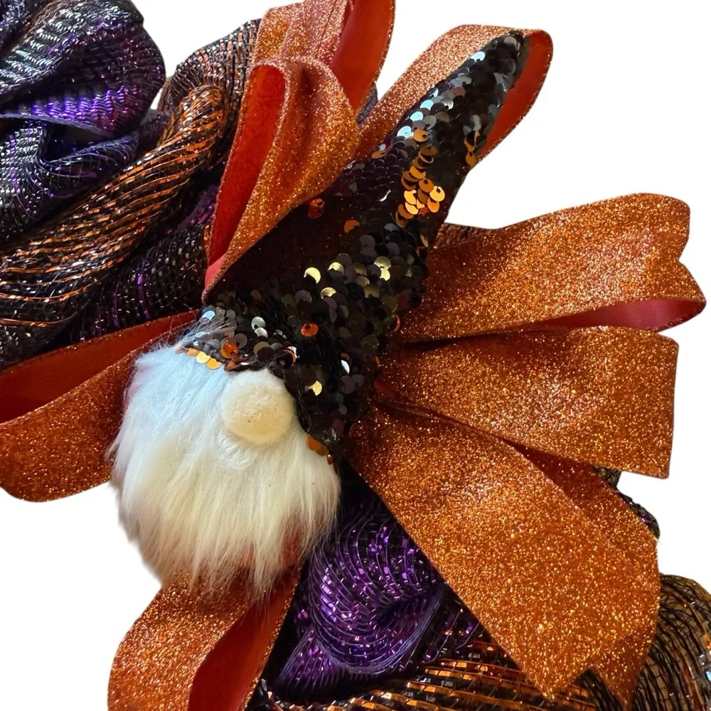 Halloween Mesh Wreath with Gnomes – Purple, Orange & Black Ribbon – 22″
